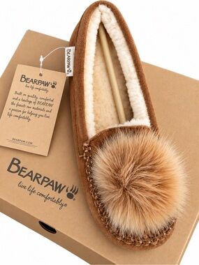 BearPaw Women's Chestnut Suede Pom Pom Slip-On Slippers size 7